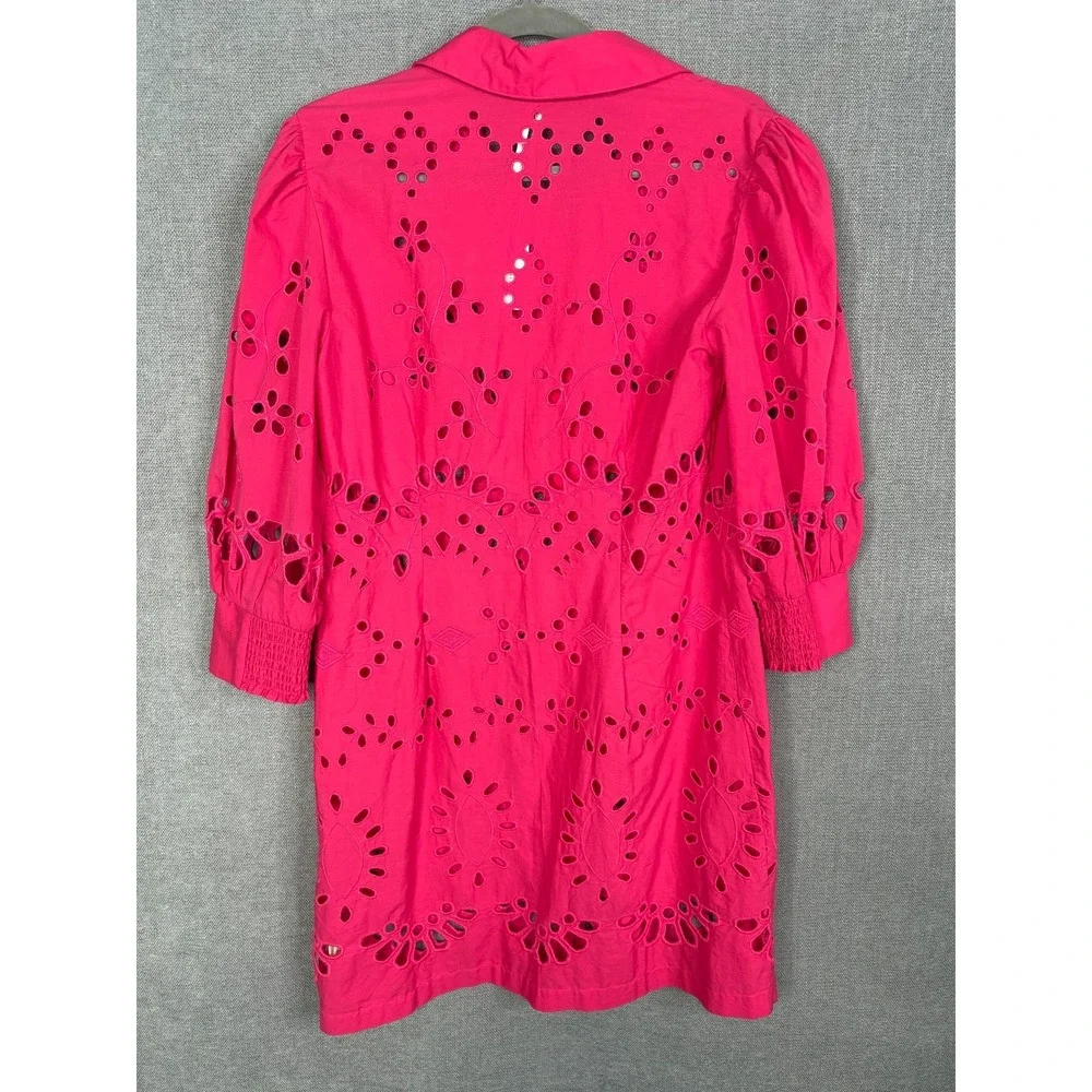 Anthropologie Shirt Dress Womens Medium Pink Button Up Eyelet Puff Sleeve Boho